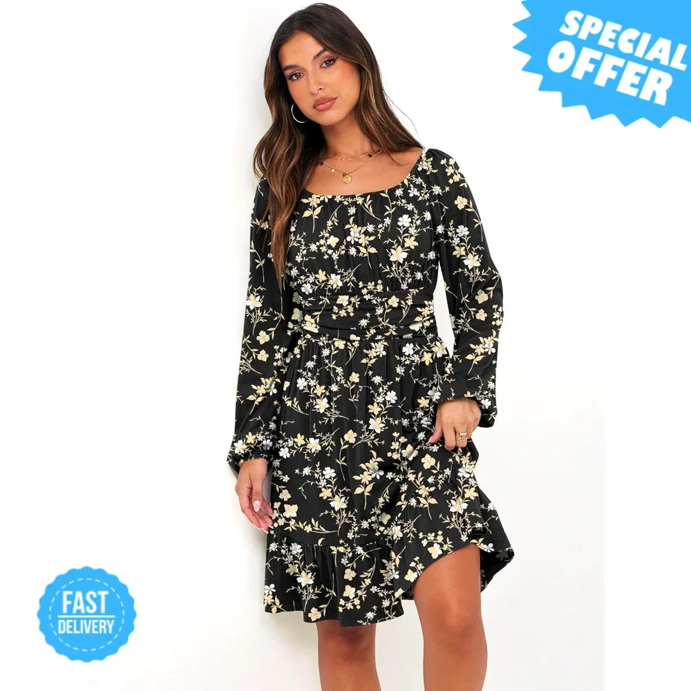 BRAND NEW ANRABESS Dress Long Sleeve Square Neck Ruffle A-Line - Picture 4 of 4